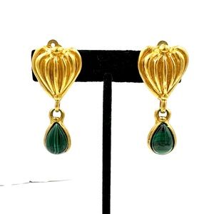 Vintage Gold Malachite Drop dangle Clip on Earrings 1980’s